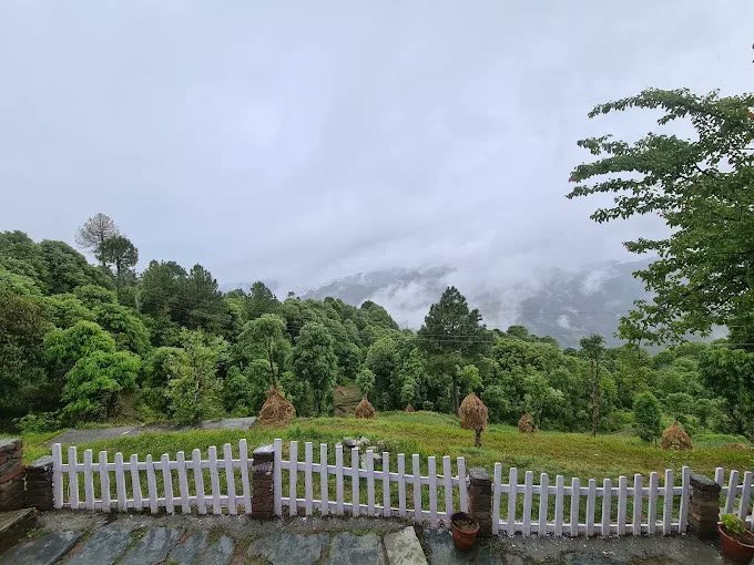 Panoramic view of green terraced valley in Kanatal
